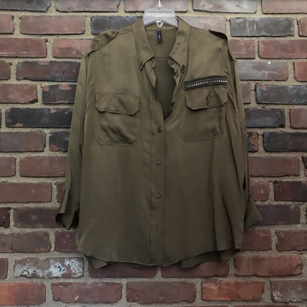 HIGH Everyday Italy Button Up Military Style Shirt Size 10 -28.5” Long -46 Chest